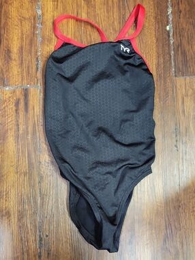 TYR Girls' Black One-Piece Swimsuit with Red Straps Size 28